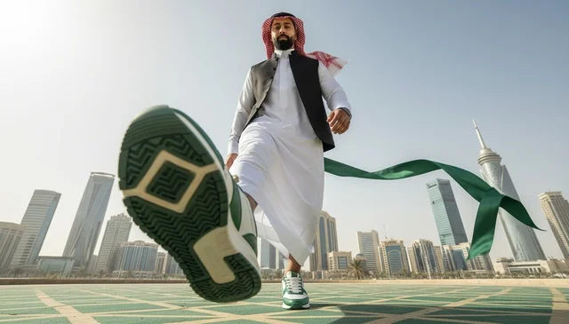 Saudi Man in Traditional Thobe Walking in Riyadh Skyline