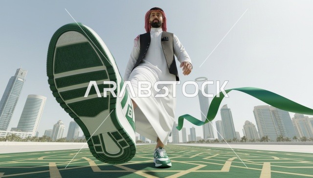 رجل سعودي يجتاز خط النهاية في أفق مدينة الرياض