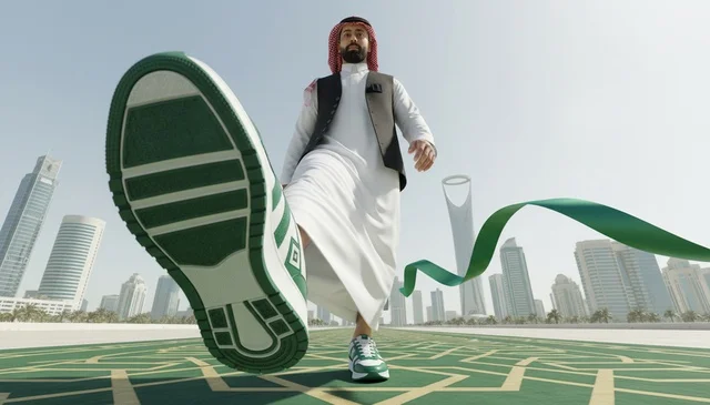 Saudi Man Crossing Finish Line in Riyadh Skyline