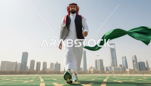 رجل سعودي في أفق الرياض مع قماش أخضر
