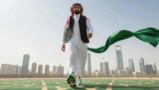 Saudi Man in Riyadh Skyline with Green Fabric