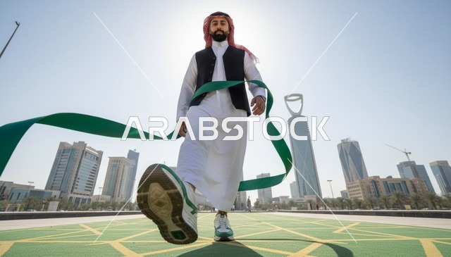 رجل سعودي يقطع خط النهاية أمام أفق مدينة الرياض الشاهق
