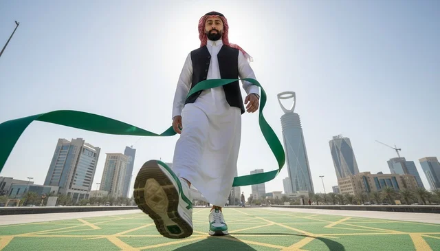 Saudi Man Crossing Finish Line Against Riyadh Skyline