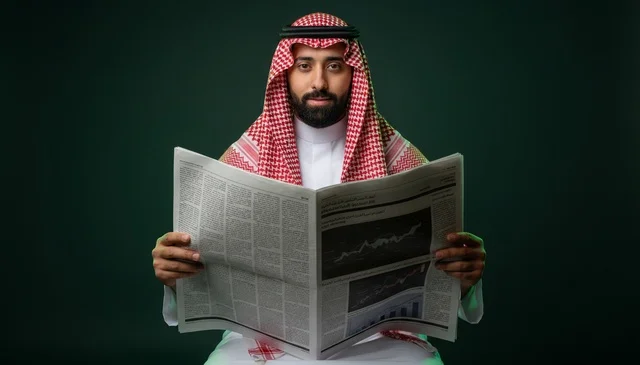 Saudi Man Reading Business Newspaper on Green Background