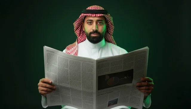 Saudi Man in Traditional Attire Reading Newspaper
