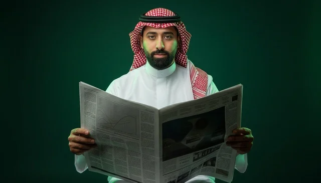 Saudi Man in Traditional Thobe Reading Newspaper