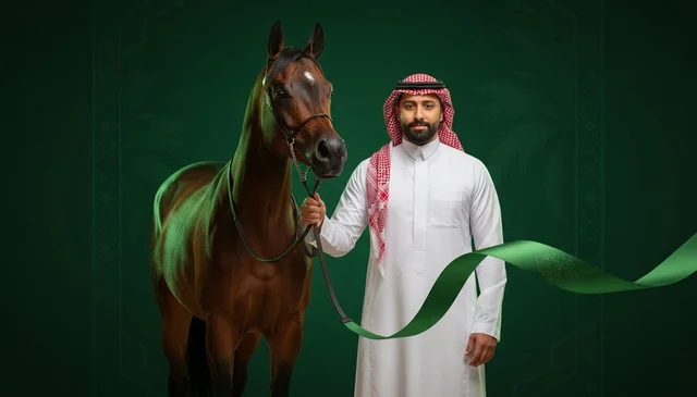 Saudi Man with Arabian Horse on Green Background