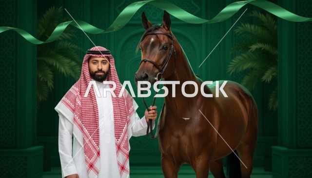 رجل سعودي بالزي التقليدي مع خيل على خلفية خضراء
