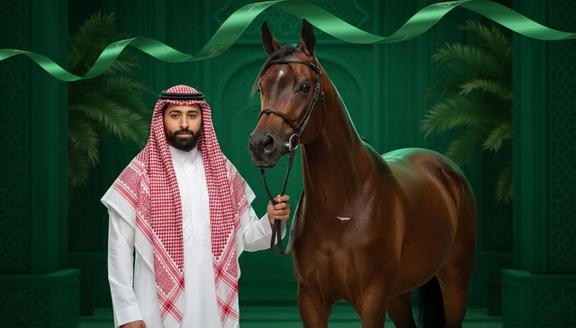 Saudi Man in Traditional Thobe with Horse Green Background