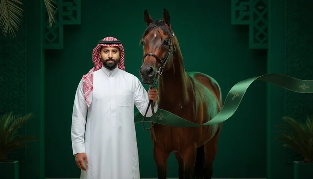 Saudi Man with Arabian Horse on Green Background