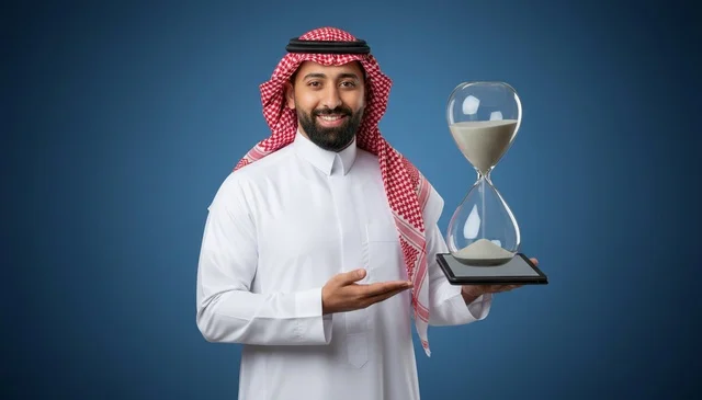 رجل سعودي يحمل ساعة رملية وجهاز لوحي بخلفية زرقاء