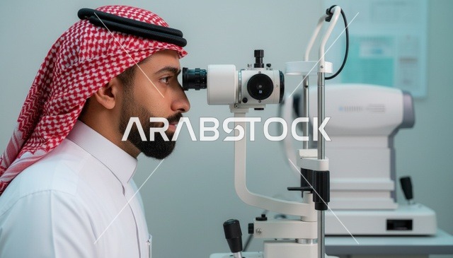 رجل سعودي يجري فحصاً للعين في عيادة طبية