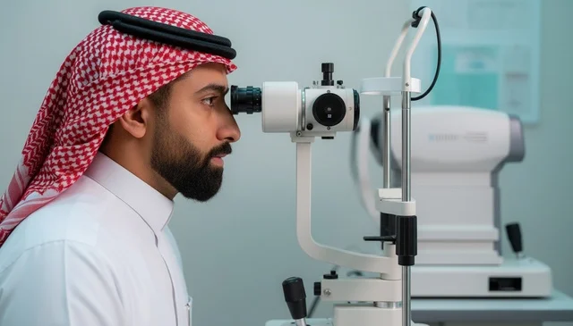 رجل سعودي يجري فحصاً للعين في عيادة طبية