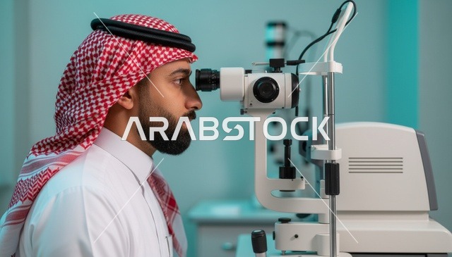 فحص عين لرجل سعودي في عيادة طبية