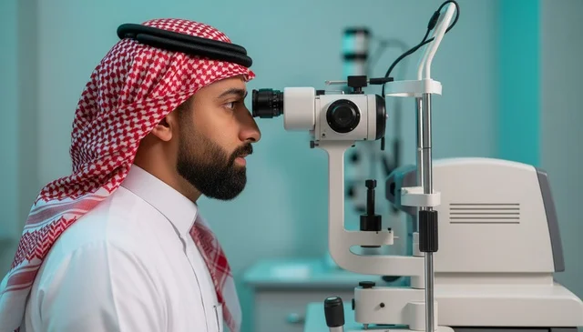 Saudi Man Eye Examination in Medical Clinic