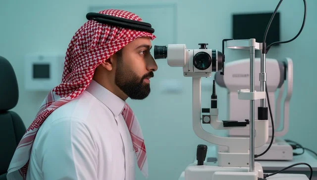 Saudi Man Undergoing Eye Exam in Medical Clinic