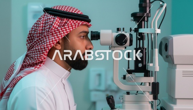 رجل سعودي يخضع لفحص العين في عيادة طبية