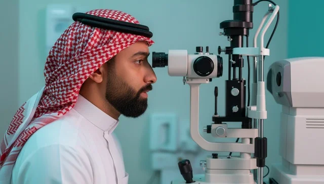 رجل سعودي يخضع لفحص العين في عيادة طبية