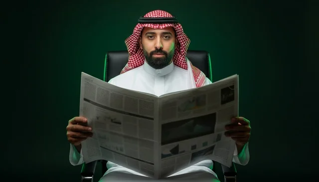 Saudi Man in Traditional Attire Reading Newspaper
