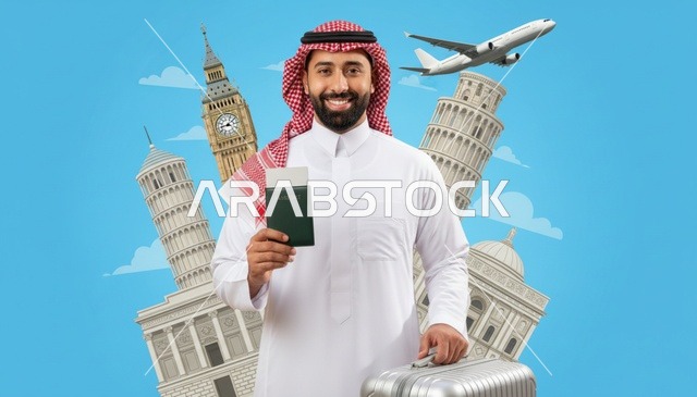 رجل سعودي مع جواز سفر وحقيبة ومعالم سياحية