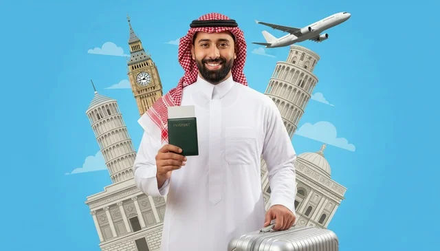 رجل سعودي مع جواز سفر وحقيبة ومعالم سياحية