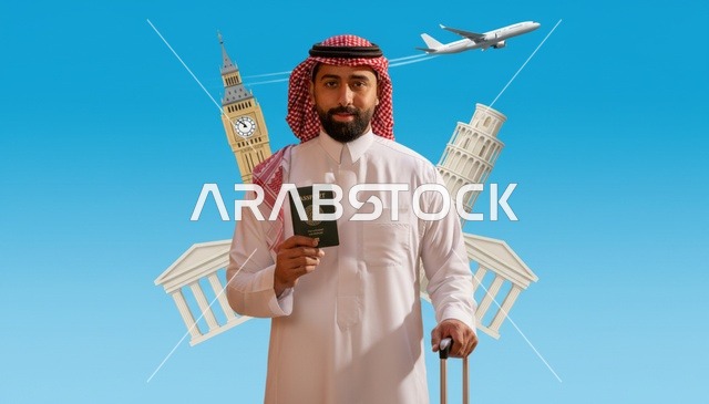 رجل سعودي يحمل جواز سفر مع معالم سياحية عالمية