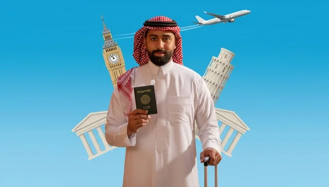Saudi Man with Passport and Global Travel Landmarks