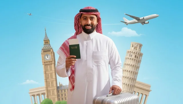 Saudi Man Traveling with Passport and Global Landmarks