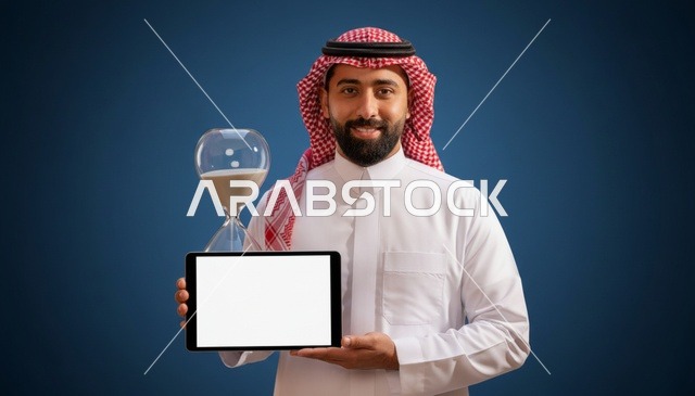 رجل سعودي يحمل جهازاً لوحياً وساعة رملية