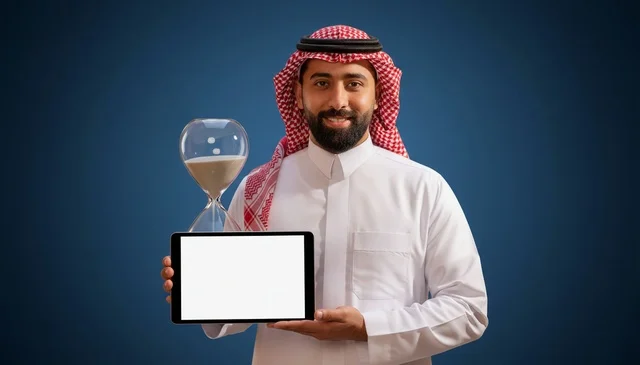 Saudi Man with Tablet and Hourglass on Blue Background