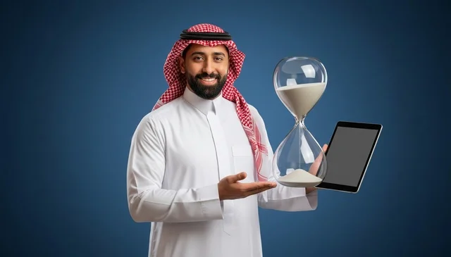 Saudi Man with Hourglass and Tablet Studio Portrait