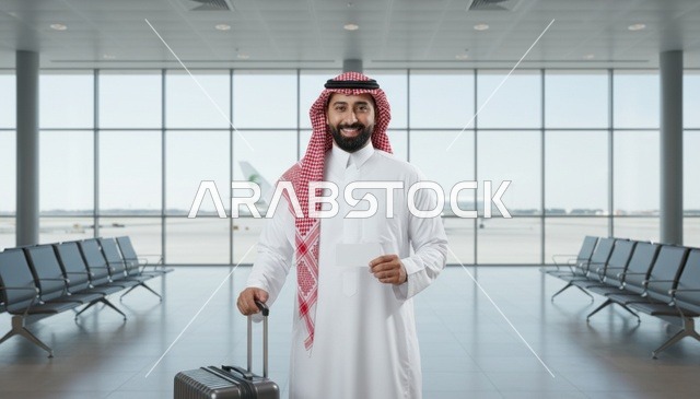رجل سعودي مع حقيبة سفر في صالة المطار