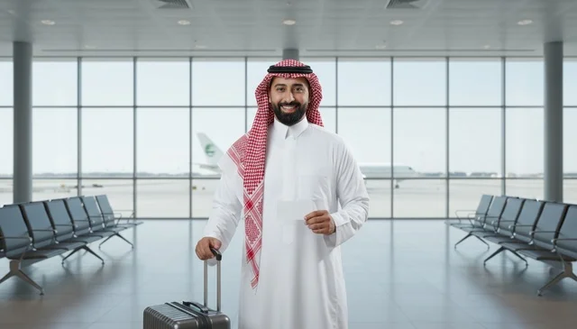 Saudi Man with Suitcase in Airport Terminal