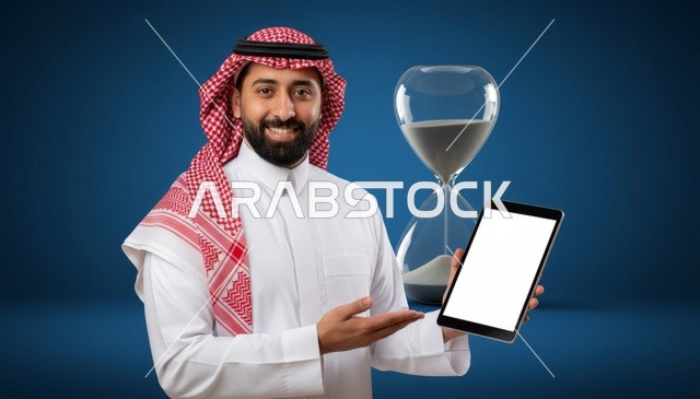 رجل سعودي يحمل جهازاً لوحياً وساعة رملية