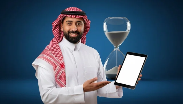 رجل سعودي يحمل جهازاً لوحياً وساعة رملية