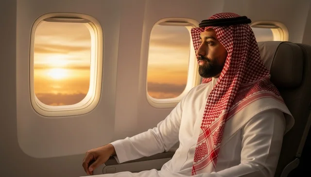 Saudi Man in Airplane Cabin at Sunset