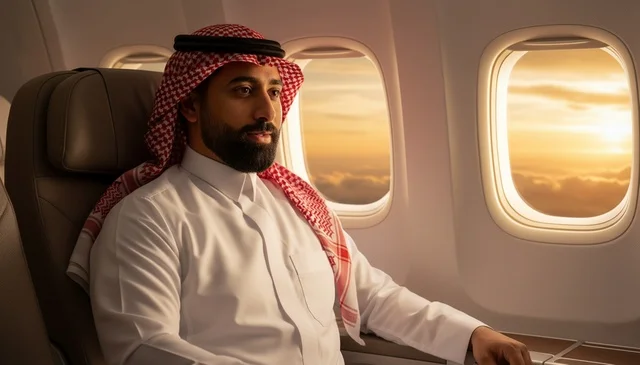 Saudi Man Traveling in Airplane Cabin at Sunset