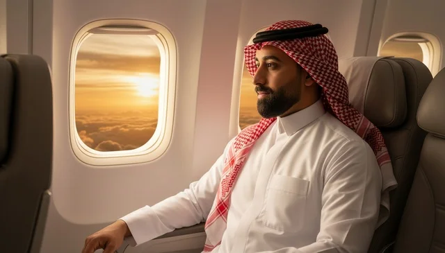 Saudi Man in Traditional Dress on Airplane at Sunset