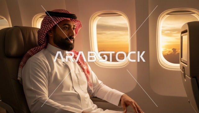 رجل سعودي في كبينة طائرة وقت الغروب