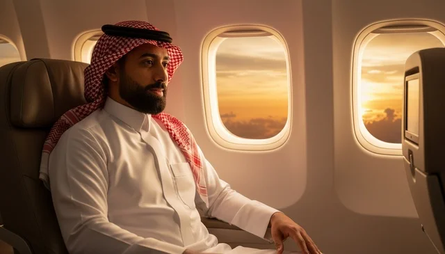 Saudi Man in Airplane Cabin at Sunset