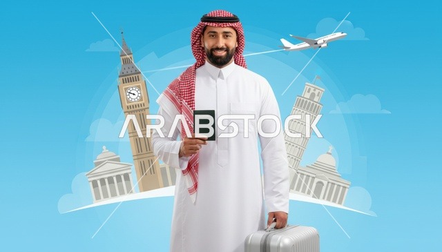 رجل سعودي يحمل جواز سفر وحقيبة سفر أمام معالم عالمية