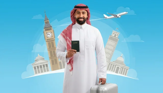Saudi Man with Passport and Suitcase Travel Background
