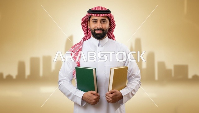 رجل سعودي بالثوب يمسك كتباً أمام أفق المدينة