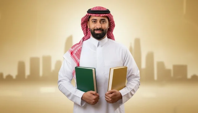 رجل سعودي بالثوب يمسك كتباً أمام أفق المدينة