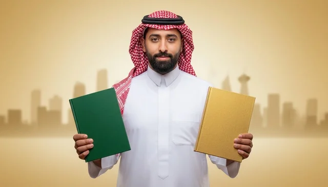Saudi Man Holding Green and Gold Books with Skyline