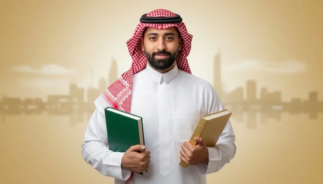 Saudi Man in Traditional Attire Holding Books