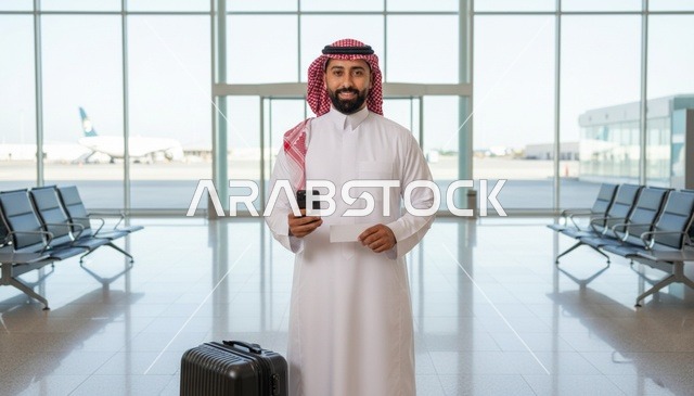 رجل سعودي بالثوب التقليدي في صالة المطار