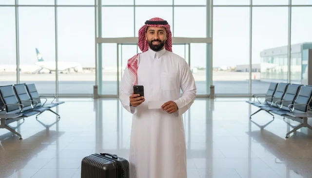 رجل سعودي بالثوب التقليدي في صالة المطار