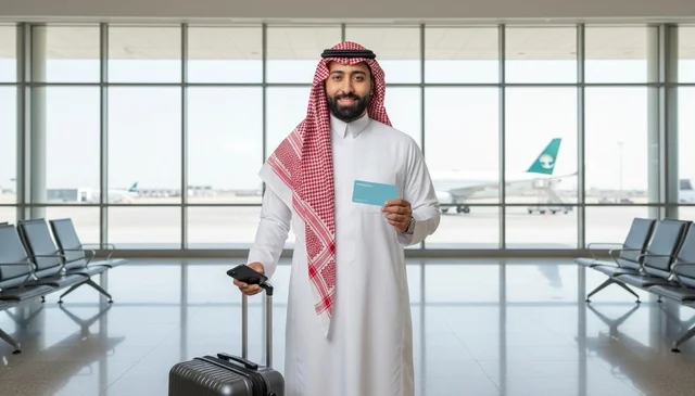 Saudi Man in Traditional Dress at Airport Terminal