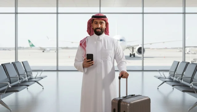 رجل سعودي يحمل حقيبة سفر وهاتف في صالة المطار